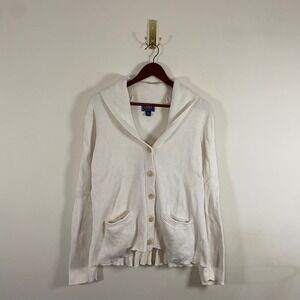 Vintage Chaps Knit Cardigan Sweater Cream Button Up Cape Collar Ruffle Back XL